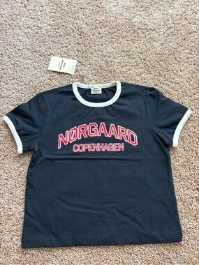 Mads Norgaard Navy Tee with Red/Pink Logo and White Trim